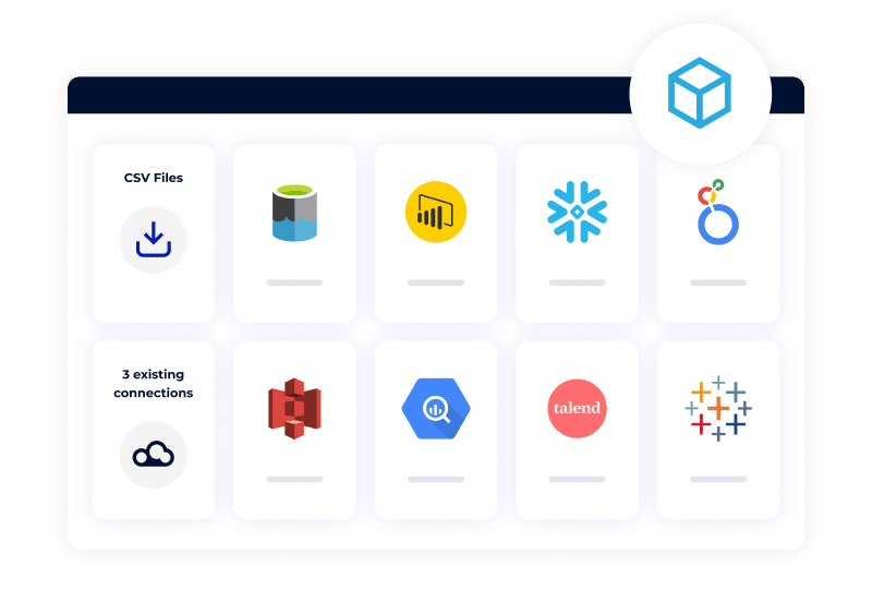 DataGalaxy’s Data Knowledge Catalog offers 70+ integrated connectors to effortlessly import your projects into one dynamic, customizable data landscape. Logo
