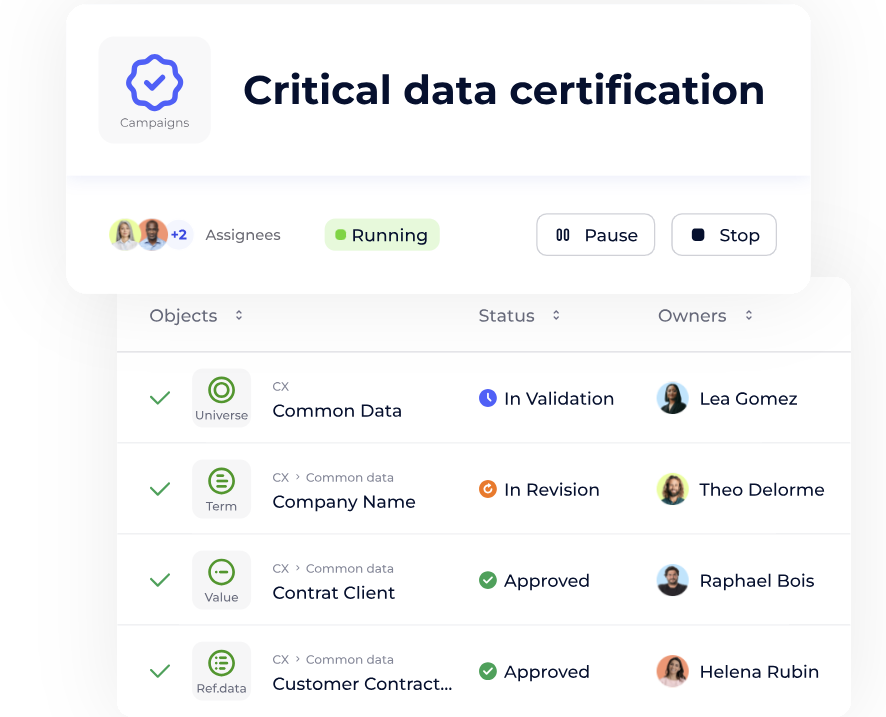Interface de gestion des données (metadata framework) montrant une campagne de certification des données critiques avec validation, révision et approbation des objets.